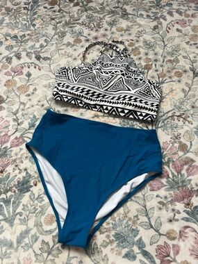 Cupshe Black & White Geo Halter Bikini Top with Teal High-Waist Bottoms